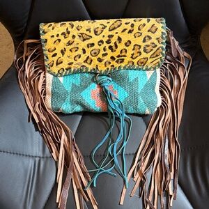 Myra Bag Leopard and Teal Fringe Clutch